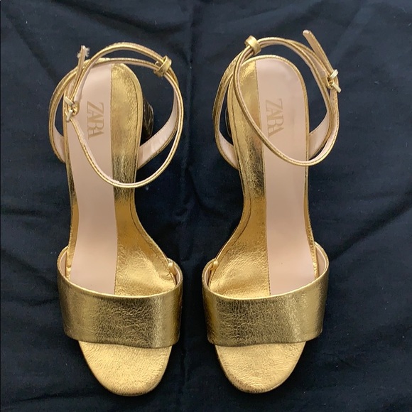 Zara | Shoes | Zara Block Heel Golden Sandals | Poshmark